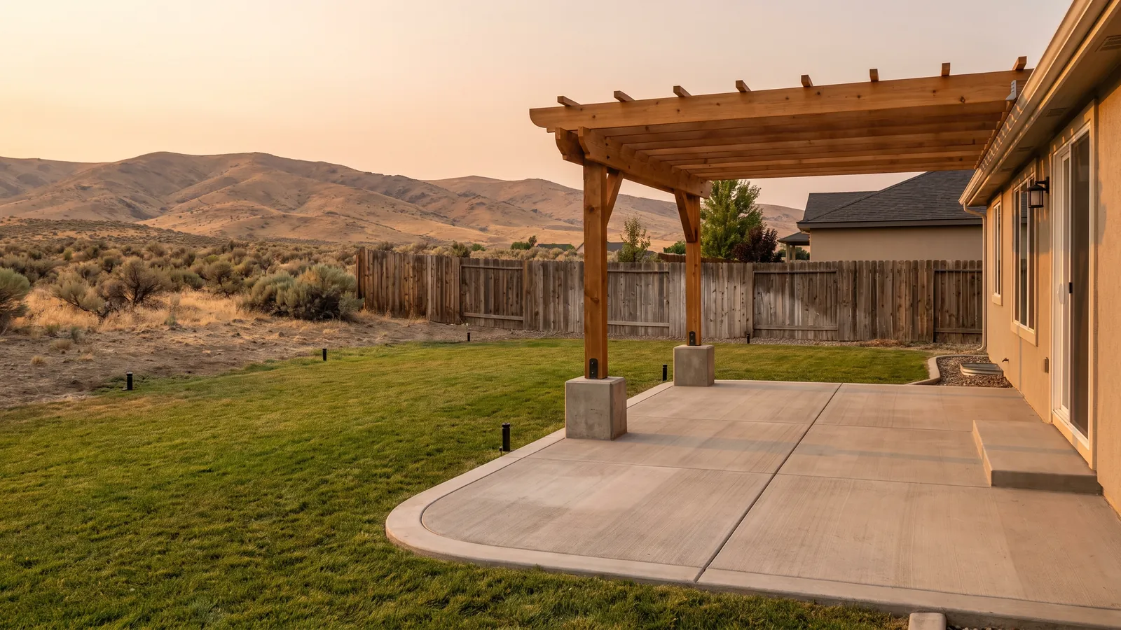 Broom-finish concrete patio with a smooth troweled border behind a Meridian home with a pergola, green lawn and a vinyl privacy fence
