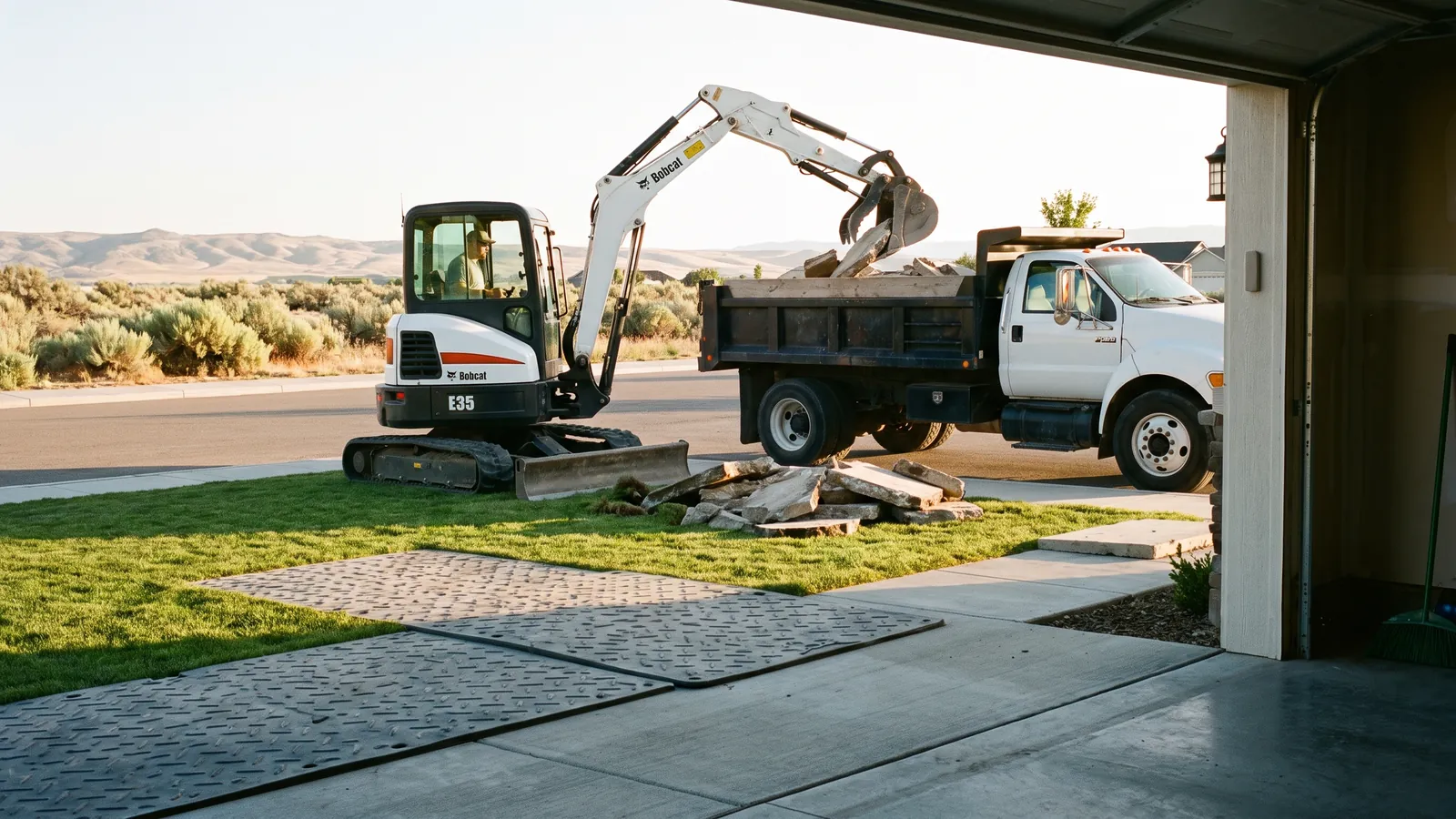 Mini excavator loading broken driveway concrete into a dump truck on a quiet Meridian residential street