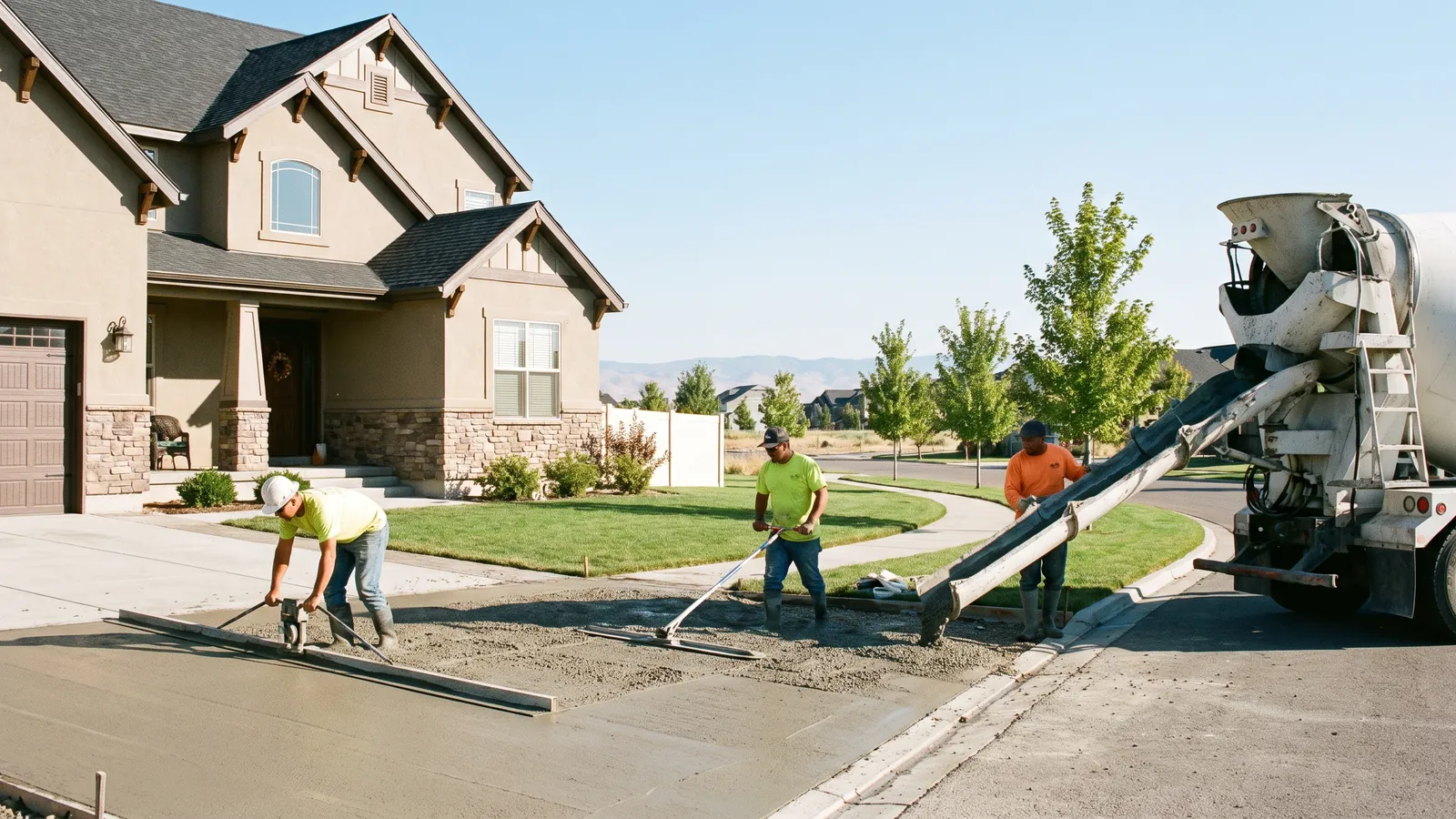 Concrete crew screeding a new broom-finish driveway in front of a stucco-and-stone two-story home in a Meridian, Idaho subdivision, with the Boise foothills under a clear sky