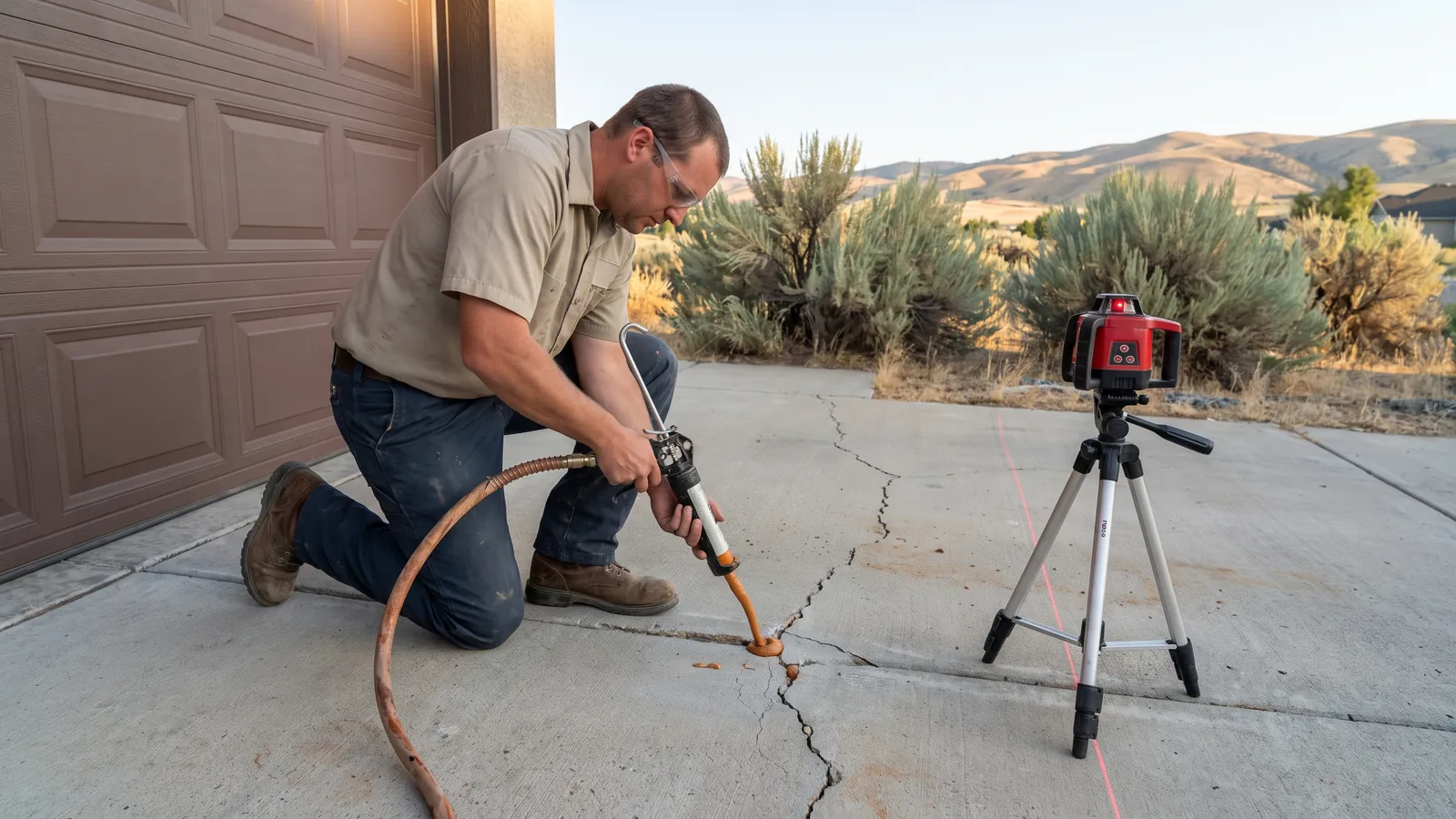 Technician pumping lifting material through small drilled ports to raise a sunken concrete walk next to a garage at an Idaho home