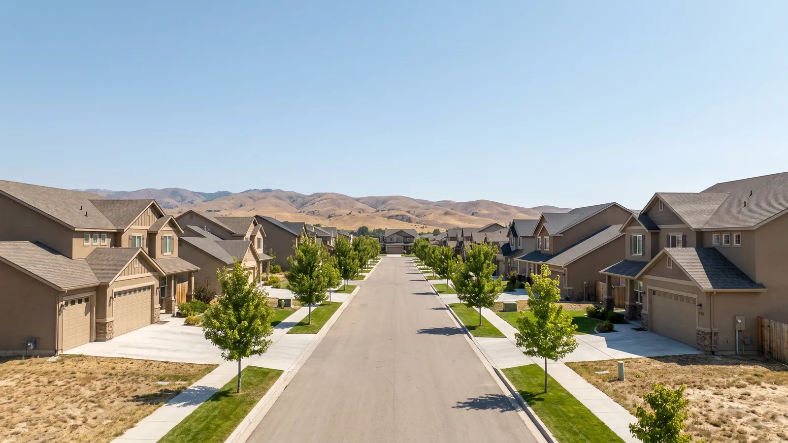A Meridian, Idaho subdivision street of 2000s two-story homes with young trees, sidewalks and the Boise foothills in the distance